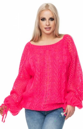 *Oversizowy sweter damski z wiązaniami różowy 30061