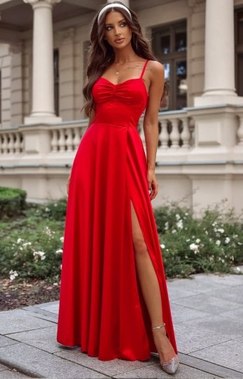 Długa satynowa sukienka czerwona gorset