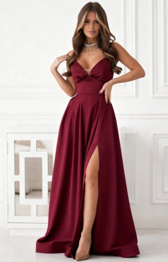 Elegancka bordowa balowa sukienka z kieszeniami