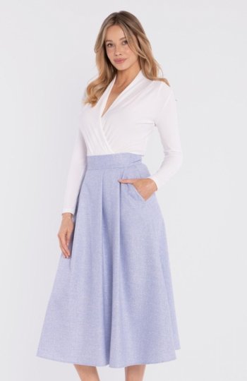 Stylove S430 rozkloszowana spódnica midi z wysokim stanem błękitna 