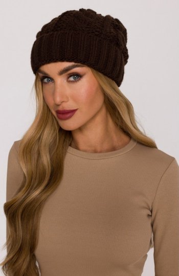 Moe czapka damska splot warkocz brązowa M897 