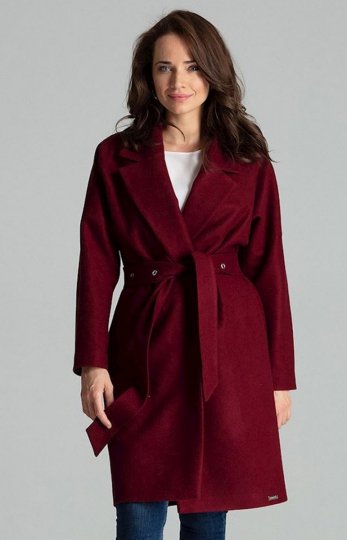 Elegancki wiązany płaszcz damski bordowy L054 