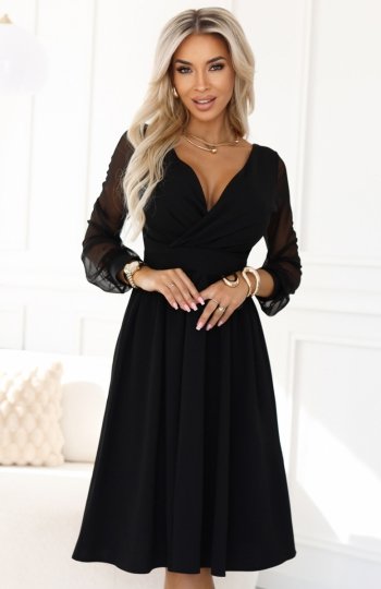 Numoco 657-1 elegancka sukienka midi z kopertowym dekoltem i tiulowymi rękawami 