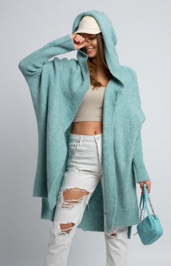 Osher asymetryczny kardigan damski z kapturem miętowy
