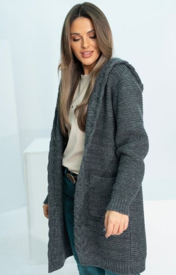 Długi kardigan typu płaszczyk HENA z kapturem grafitowy