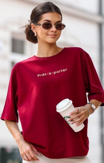 Oversizowy t-shirt Prêt-à-porter damski bordowa 