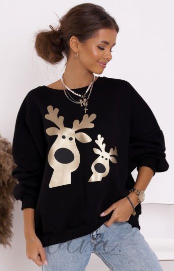 Bluza damska złote renifery czarna