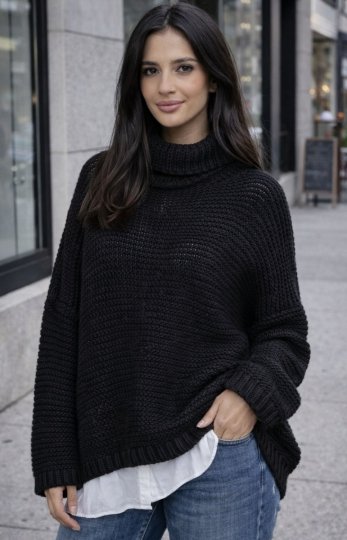 *Czarny Sweter Oversize z Golfem - Wełna i Alpaka