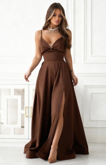 Brązowa sukienka balowa na ramiączkach z ukrytymi kieszeniami