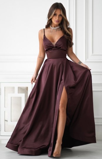 Połyskująca długa suknia wieczorowa z wiązaniem gorsetowym brązowa