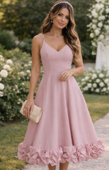 Różowa sukienka midi z ozdobnymi kwiatami