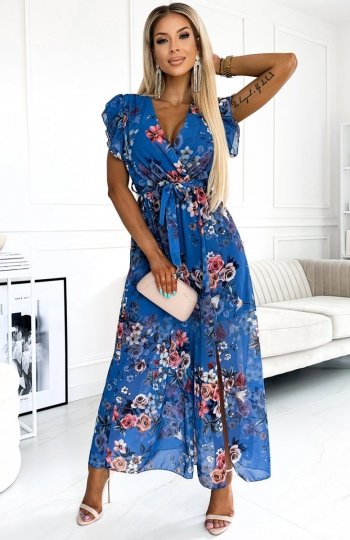 Numoco 473-1 ARIA długa sukienka z dekoltem i krótkim rękawkiem 