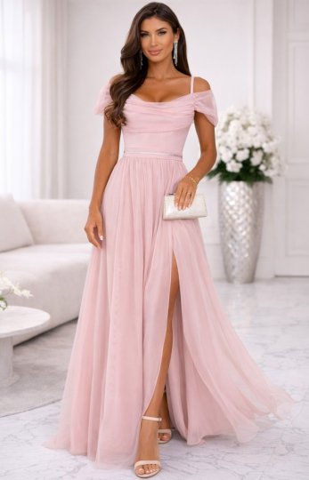 Sukienka wieczorowa z rozcięciem na wesele brudny róż