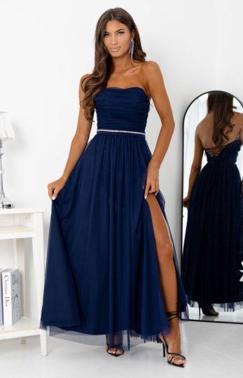 Duet Noemi szyfonowa długa sukienka z paskiem granatowa