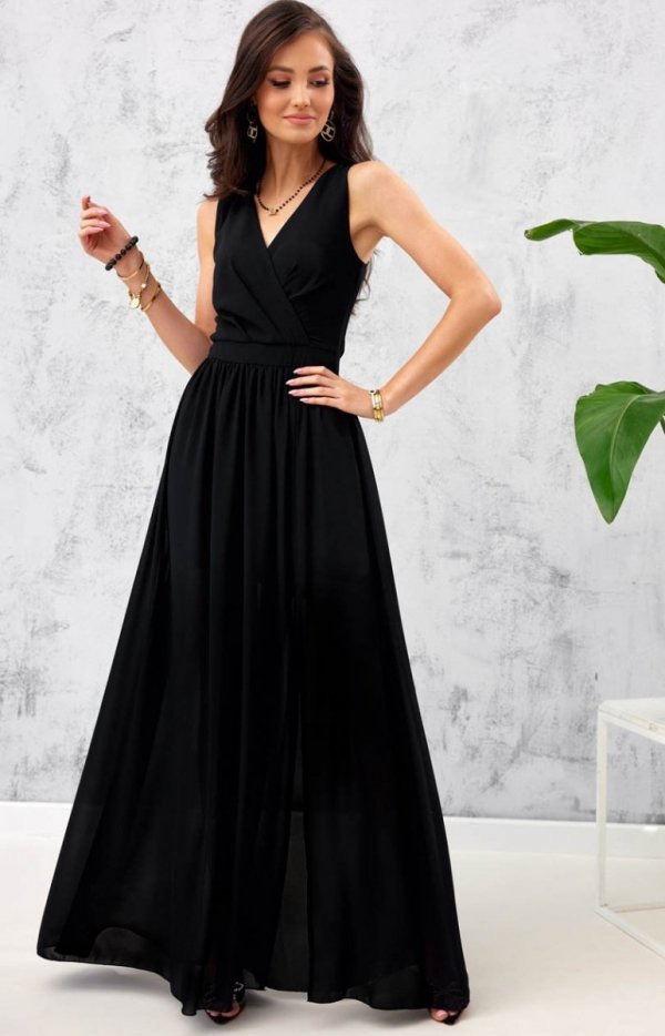 Długa szyfonowa sukienka 0213 czarna tył