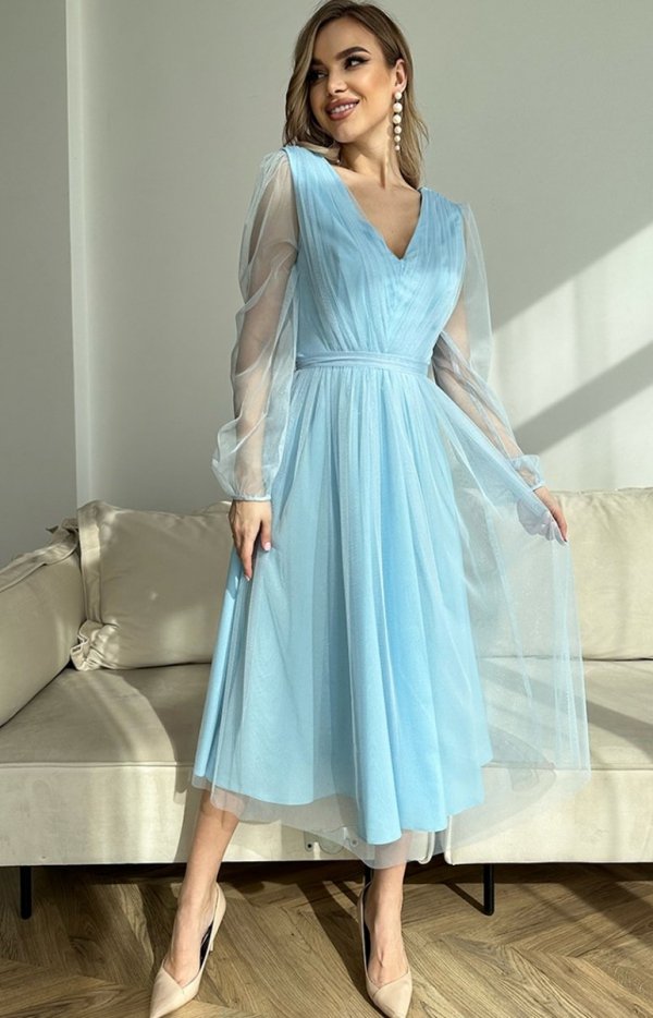 Bicotone 269-81 błękitna sukienka midi z tiulowymi rękawami