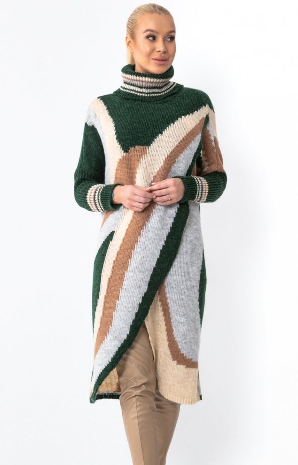 Ciepły długi sweter z golfem F1490 green