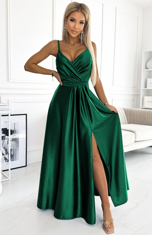 Numoco 512-1 JULIET elegancka długa satynowa suknia z dekoltem 