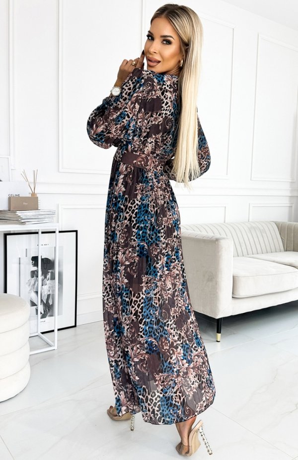 Numoco 520-2 plisowana szyfonowa długa sukienka z dekoltem, długim rękawkiem i szerokim paskiem tył