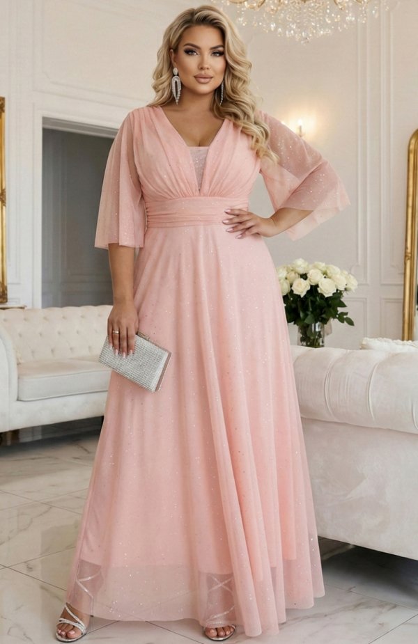Numoco 654-4 długa połyskująca sukienka plus size z dekoltem i transparentnym rękawkiem 