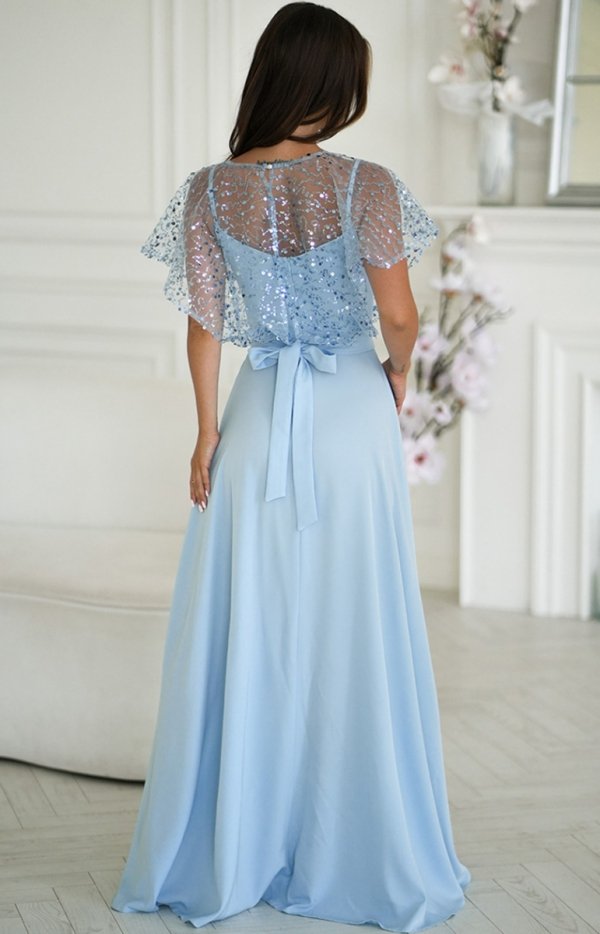 Bicotone długa sukienka z cekinowym bolerkiem błękitna-2