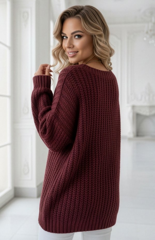 Numoco 661-1 ciepły sweter oversize o mięsistym splocie i dekolcie V tył