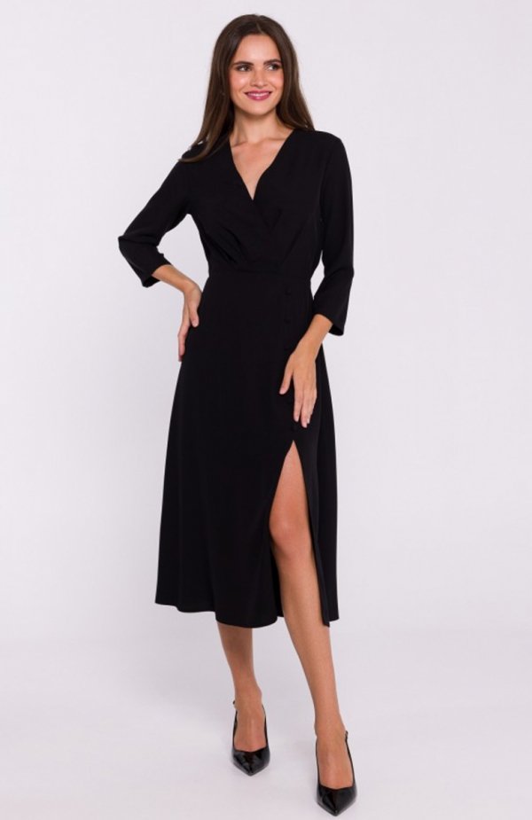 Stylove S385 rozkloszowana sukienka z kopertowym dekoltem czarna 