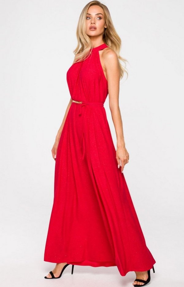 Oversizowa maxi sukienka z paskiem czerwona M721