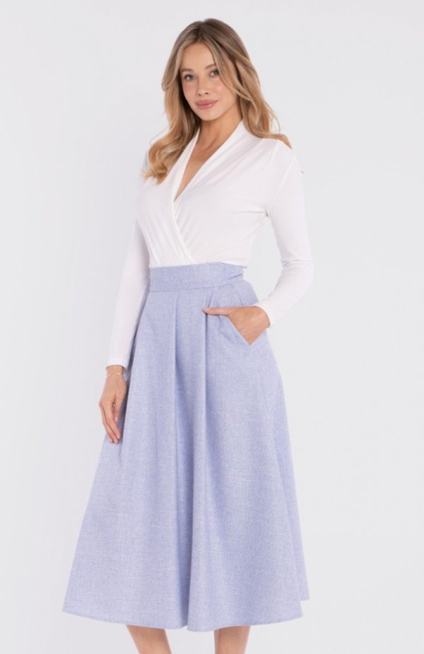 Stylove S430 rozkloszowana spódnica midi z wysokim stanem błękitna 