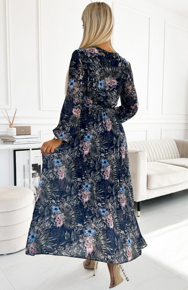 Numoco 511-3 plisowana szyfonowa długa sukienka z dekoltem, długim rękawkiem i paskiem tył