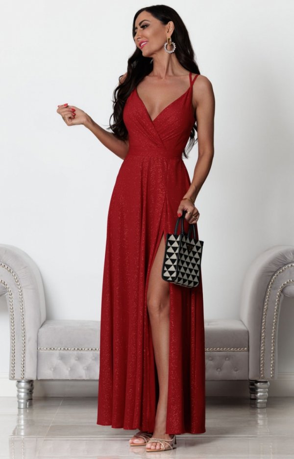 Długa brokatowa sukienka Paris czerwona-1