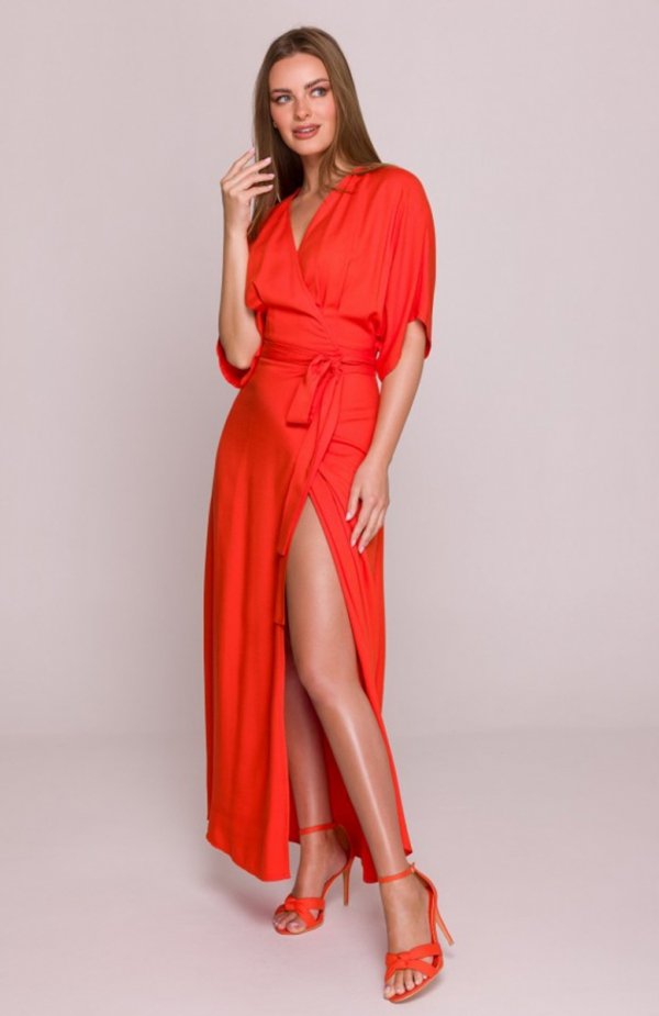 Stylove S406 wiskozowa sukienka maxi koralowa 