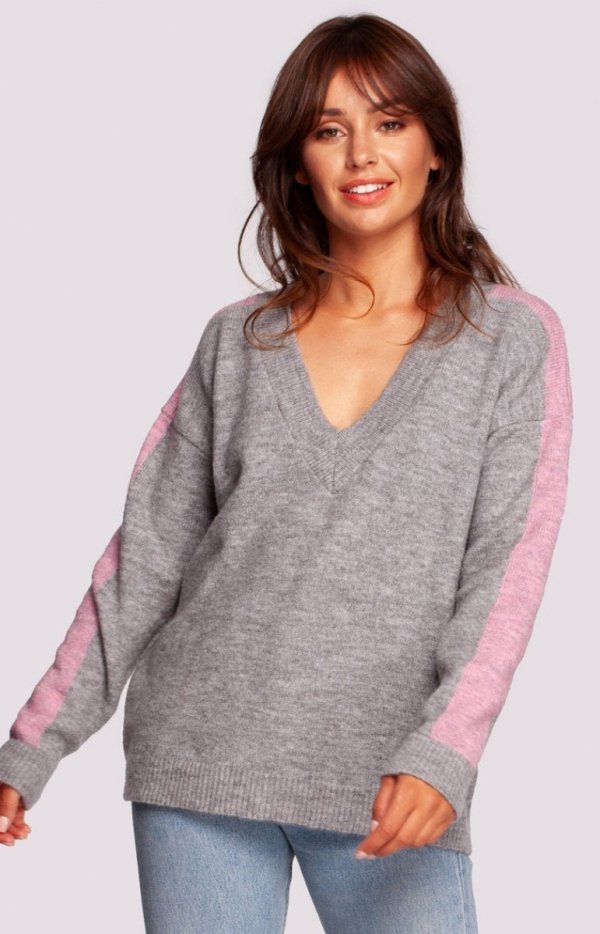 Oversizowy sweter z lampasami BK093 szary