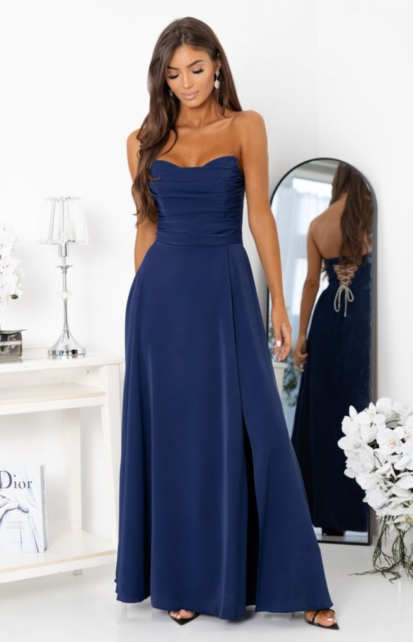 Duet Wenus rozkloszowana długa sukienka z wiązaniem gorsetowym granatowa-1
