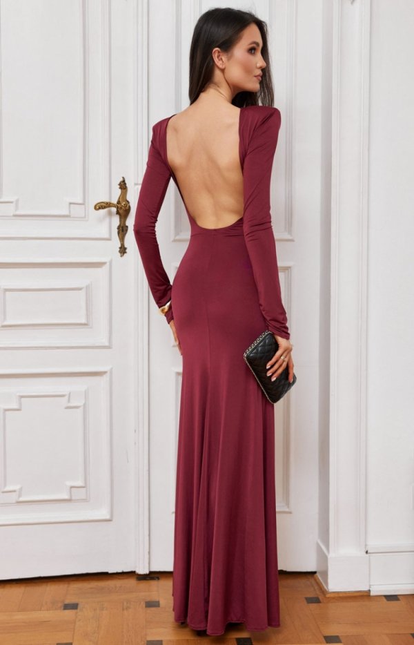 Efektowna długa sukienka z drapowaniem bordowa tył