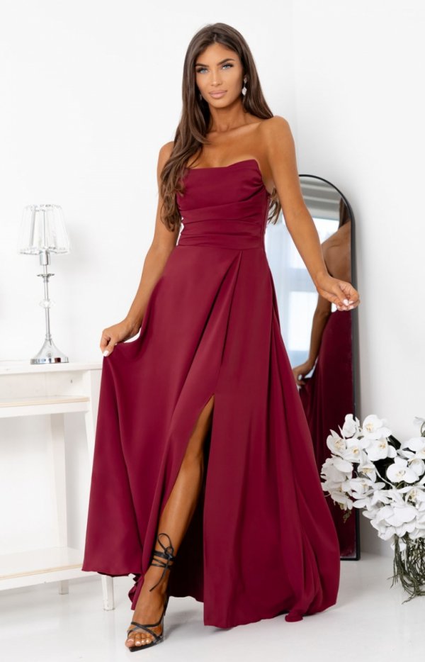 Duet Wenus rozkloszowana długa sukienka z wiązaniem gorsetowym bordowa-2