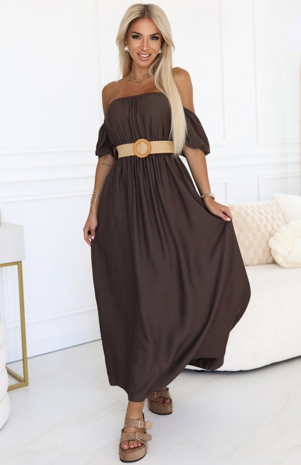 Numoco 614-1 sukienka maxi w stylu boho z odkrytymi ramionami i paskiem 