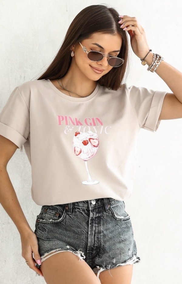 T-Shirt z krótkim rękawem Pink Gin beżowy