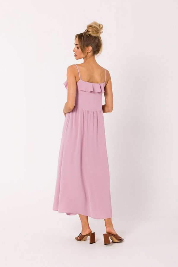 Moe M743 oversizowa maxi sukienka z falbanką różowa tył