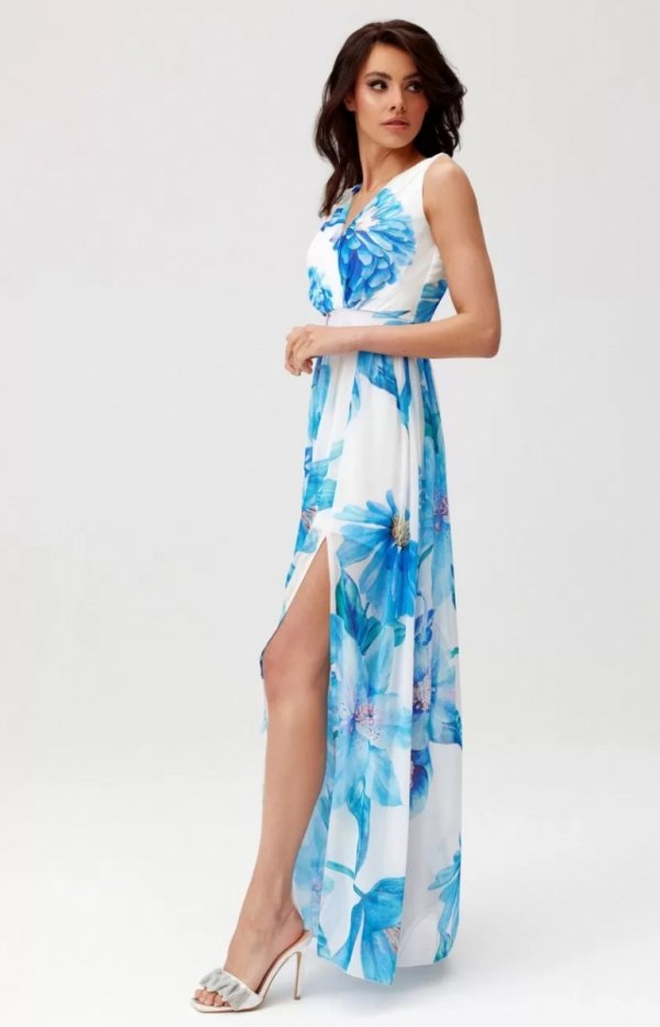 Szyfonowa sukienka maxi w kwiaty niebieskie 54D-1