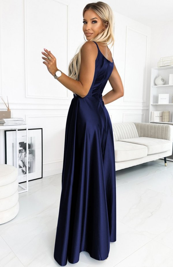 Numoco 299-12 CHIARA elegancka maxi długa satynowa suknia na ramiączkach tył
