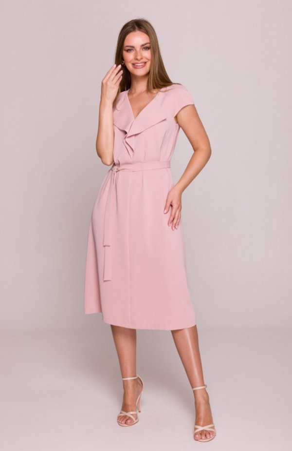 Stylove S411 sukienka z żabotem pudrowa 