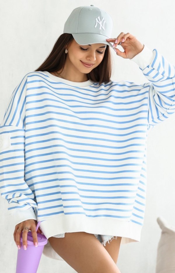 Oversizowa bluza damska w paski niebieski jasny Flowy