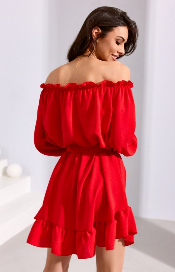 Sukienka hiszpanka z falbaną i regulowanym paskiem czerwona tył