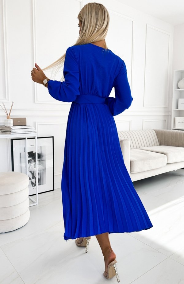 Numoco 504-1 VIVIANA plisowana sukienka midi z dekoltem, długim rękawkiem i szerokim paskiem tył