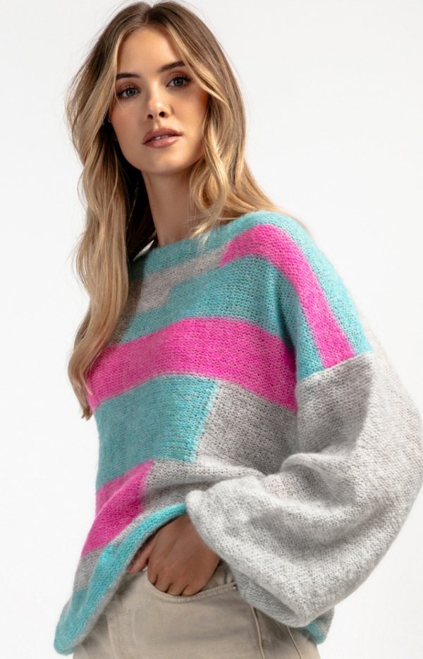 Casualowy sweter z wełny F1895 różowy-1