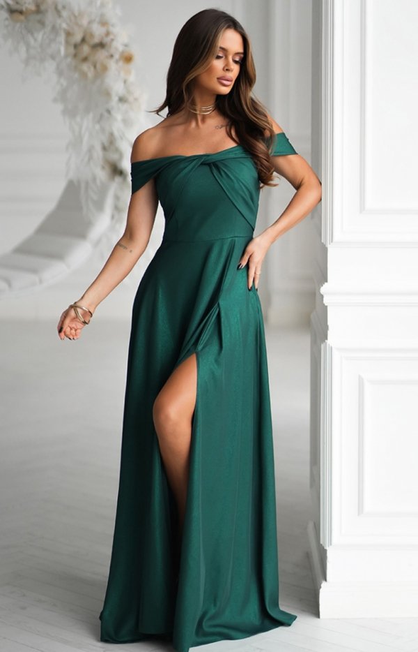 Połyskująca długa sukienka z hiszpańskim dekoltem-1