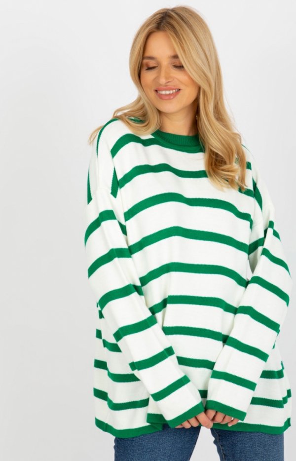 Oversizowy sweter w paski ciemny zielony-1