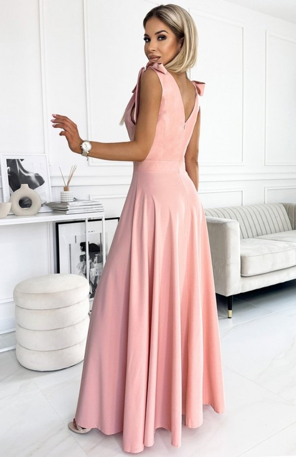 Numoco 405-3 ELENA długa suknia z dekoltem i wiązaniami na ramionach tył