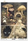 Biały Królik, mroczny las, baśniowe kompozycje, grzyby, kot, oczy kota, napisy*White Rabbit, dark forest, fairy tale compositions, mushrooms, cat, cat's eyes, lettering*Weißes Kaninchen, dunkler Wald, märchenhafte Kompositionen, Pilze, Katze, Katzenaugen